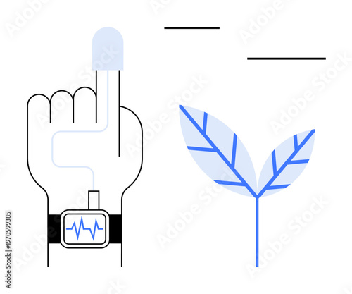 Health monitoring, wearable devices, biomedical technology, eco-conscious living, sustainable solutions, medical advancements. A hand with a health tracker and a leaf symbol. Health monitoring
