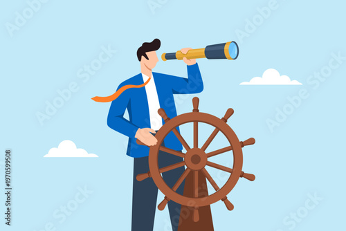 Flat illustration of businessman steering ship wheel while looking through telescope symbolizing leadership vision strategic direction future planning and navigating business challenge