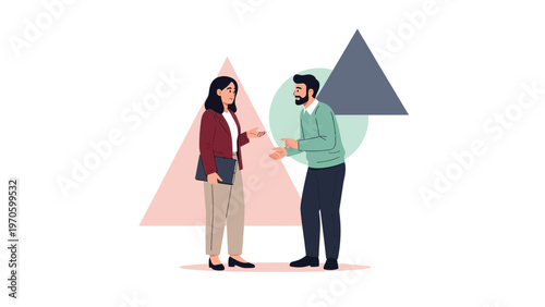 Diverse colleagues discussing ideas, modern geometric background, business concept illustration