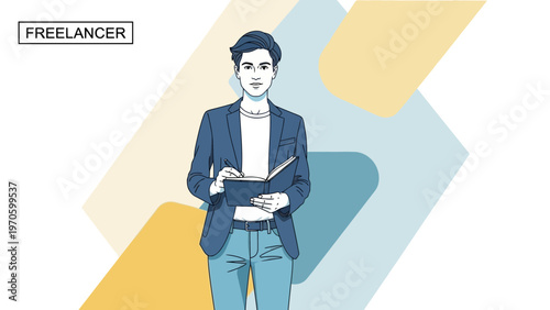 Freelancer man writing in notebook, modern business concept, abstract background