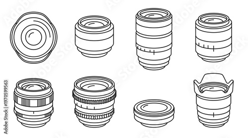 Foto Professional Camera Lenses and Optics Icon Set, Photography Equipment for DSLR a
