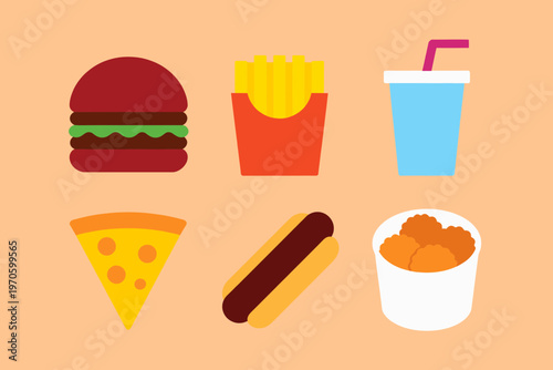 Fast Food Icons Set Featuring Burger, French Fries, Soda Drink, Pizza Slice, Hot Dog and Chicken Nuggets Isolated on Orange Background Vector Illustration