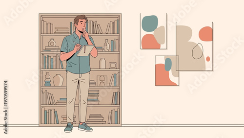 Man contemplating in front of bookshelf and abstract art, creative ideas, interior design