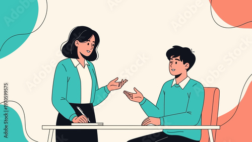 Business meeting: colleagues discussing ideas at a desk, modern flat illustration