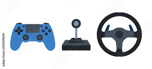 Gaming Equipment Icons Set Including Video Game Controller, Joystick and Racing Steering Wheel Isolated on White Background Vector Graphics Symbols
