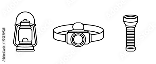Outdoor Lighting and Camping Lantern Equipment Icons, Oil Lamp, Headlamp and Flashlight Outline Symbols for Adventure, Hiking and Safety Vector