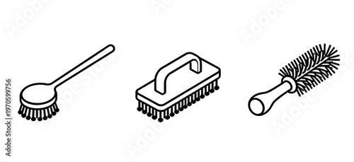 Set of Professional Cleaning and Hair Brush Tool Icons, Round Brush, Scrubbing Brush and Cylinder Brush Outline Symbols for Hygiene and Care Vector