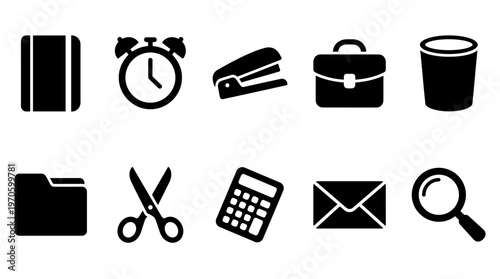 Business and Office Supply Silhouette Icons Set, Notebook, Alarm Clock, Stapler, Briefcase, Trash Can, Scissors and Calculator Symbols for Work Vector