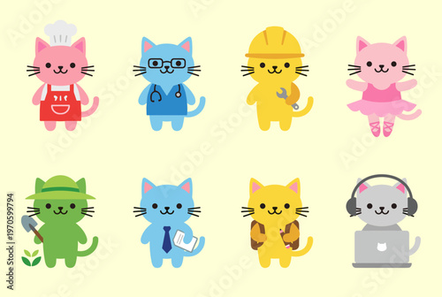 Cute Cartoon Cat Characters in Various Professional Outfits, Chef, Doctor, Engineer, Ballerina, Gardener and Student Avatars for Career Concept Vector
