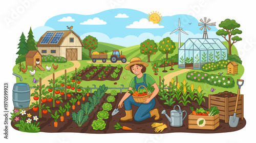 Vibrant sustainable organic farm illustration featuring a female farmer harvesting fresh vegetables in a sunny garden with solar panels and a wind turbine scene