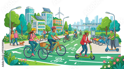 Vibrant vector illustration of a modern sustainable city featuring diverse people riding bicycles and scooters on green bike lanes near eco-friendly buildings.