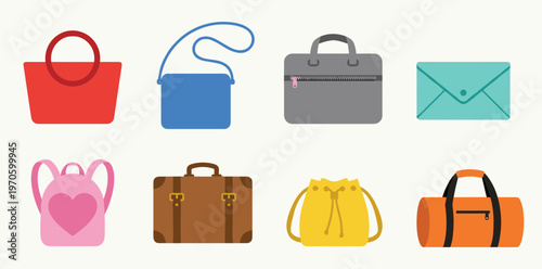 Various Types of Fashion Bags and Luggage Icons Set including Tote, Backpack, Suitcase, Briefcase, Clutch and Duffel Bag, Flat Vector Illustration