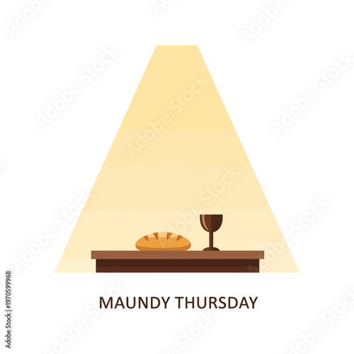 A minimalist illustration of bread and wine on a table with a triangular light, symbolizing the Christian holiday of Maundy Thursday or the Last Supper, against a clean white background.