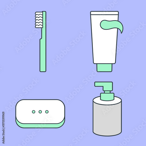 Bathroom Hygiene and Personal Care Products Set including Toothbrush, Toothpaste, Soap Bar and Liquid Dispenser Bottle, Flat Vector Illustrations