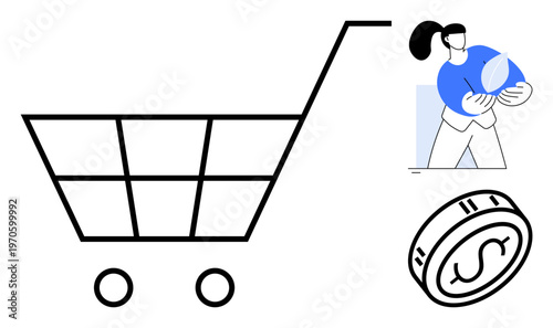 E-commerce, sustainability, eco-friendly choices, online shopping, payment systems, conscious consumerism. A shopping cart, coin and person holding a plant. E-commerce and sustainability