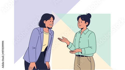 Two women in business casual attire conversing, one gesturing, against a pastel geometric background.