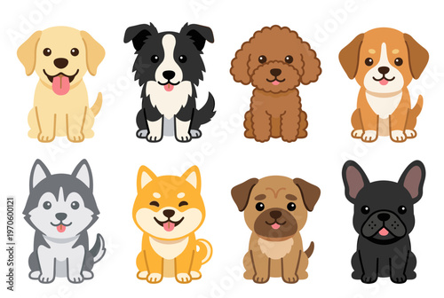 Collection of Popular Dog Breeds Cartoon Portraits Including Labrador, Border Collie, Poodle, Beagle, Husky, Shiba Inu, Pug and French Bulldog Icons