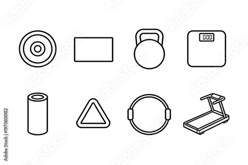 Fitness and Gym Equipment Line Icons Set Featuring Weight Plate Exercise Mat Kettlebell Scale Foam Roller Yoga Block Pilates Ring and Treadmill