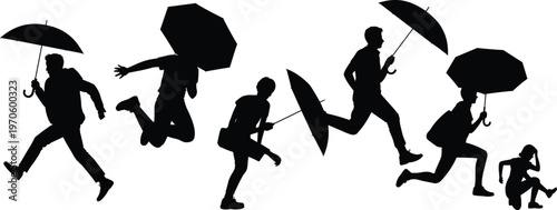 People running with umbrellas silhouettes rainy weather walking jumping dynamic poses rain protection isolated vector illustration set