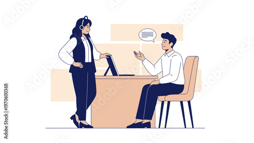 Customer service interaction: agent with headset and client at desk with laptop