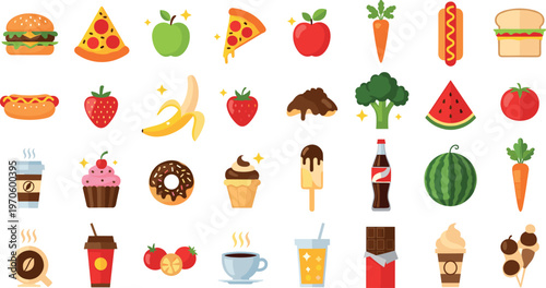 Εκτύπωση καμβά Food and Drink Vector Set with Burgers, Pizza, Fruits, Ice Cream, and Beverages