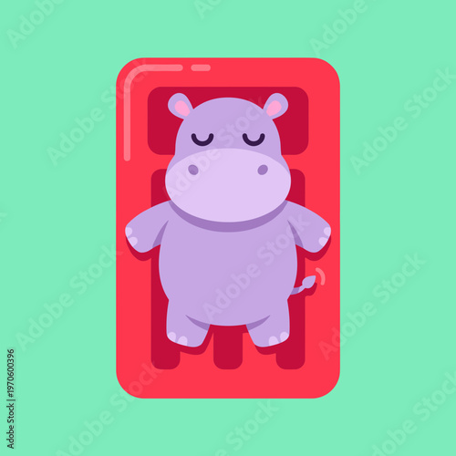 Cute Purple Hippo Relaxing on Red Inflatable Floating Mattress in Water, Summer Vacation and Pool Party Concept Cartoon Vector Illustration