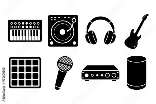 Professional Music Production and DJ Equipment Silhouette Icons Set, Audio Gear Including Keyboard Turntable Headphones Microphone and Guitar Vector