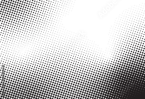 Black and white halftone dot gradient background with smooth diagonal fade pattern, perfect for comic style, print design, posters, and modern abstract visuals.