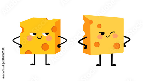 Two Funny Cartoon Cheese Character with Smiling Face and Wink Eye Isolated on White Background, Yellow Swiss Dairy Food Mascot Vector Illustration
