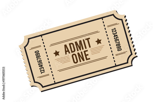 Vintage movie ticket stub with Admit One text, retro cinema entry pass vector, tan paper theater ticket with serial numbers and stars