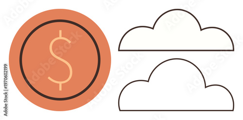 Finance, cloud computing, digital economy, monetary systems, online storage, modern business. A dollar sign within a circle next to two cloud icons. Finance and cloud computing concept
