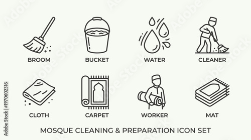 Cleaning icons: broom, cloth, bucket, cleaner, carpet, water, prayer mat, worker.