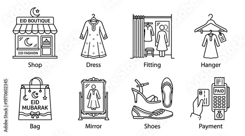Clothing shopping icons showing shop, dress, hanger, eco bag, fitting, mirror, shoes, and payment