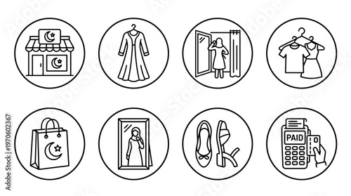 Clothing shopping icons showing shop, dress, hanger, eco bag, fitting, mirror, shoes, and payment