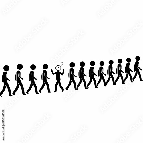 Minimalist silhouette of a confused individual with a question mark standing out in a crowd of identical people walking in a straight line