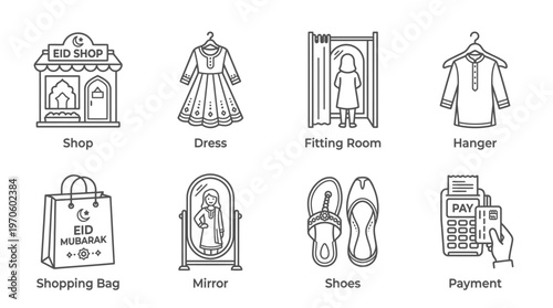 Clothing shopping icons showing shop, dress, hanger, eco bag, fitting, mirror, shoes, and payment