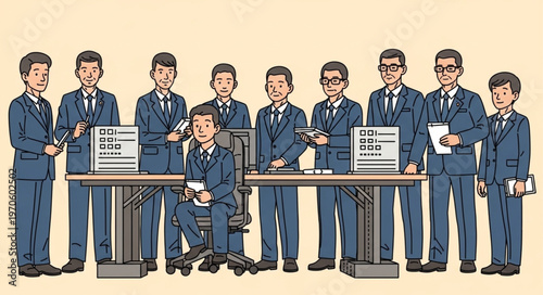 Team of Businessmen Working at Desks in a Cartoon Style.