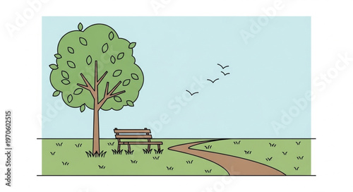Illustration of a park scene with a tree and bench.