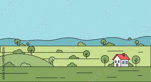 Minimalist Landscape Illustration with House and Rolling Hills.