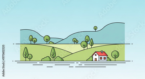 Idyllic Landscape with House and Rolling Hills Illustration.
