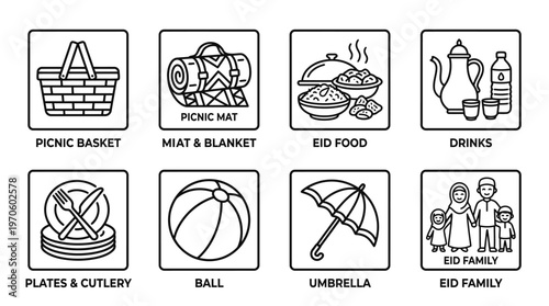 Picnic icons showing basket, blanket, food, drinks, lantern, family outing, sports, and beach fun