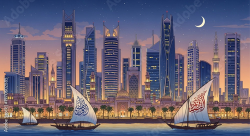 Dubai Skyline at Dusk with Traditional Dhow Boats in Foreground.