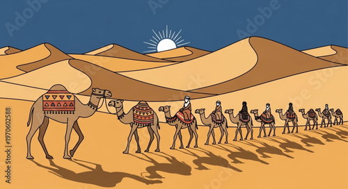 Caravan of Camels Traversing the Desert Under the Scorching Sun.