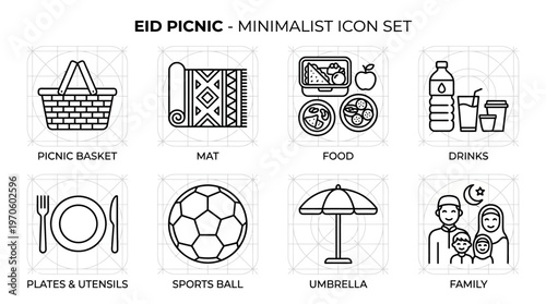 Picnic icons showing basket, blanket, food, drinks, lantern, family outing, sports, and beach fun