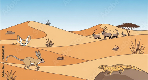 Desert Wildlife Illustration - Fennec Fox, Jerboa, Leopard Gecko, and Antelopes.