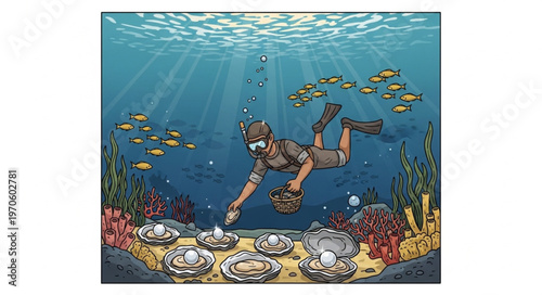 Diver collecting shells from the ocean floor.