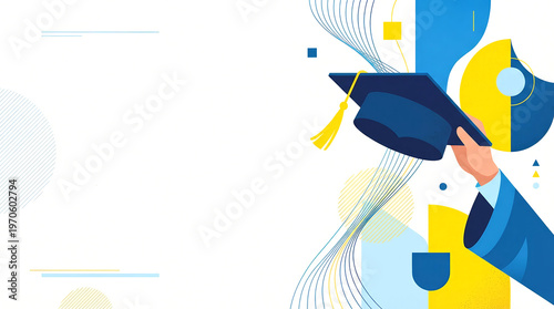 Joyful hand holding graduation cap celebrating success feeling proud of education on abstract background featuring yellow blue wave graphic design and empty space