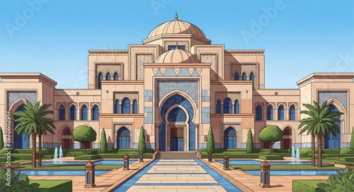 Majestic Palace Architecture with Intricate Design and Landscaped Gardens.