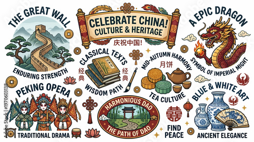 Celebrate China Culture Heritage: Dragon, Great Wall, Peking Opera