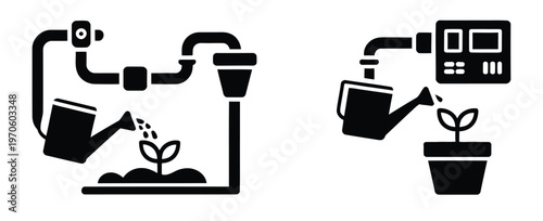 Vector icons depicting automated plant watering systems with a watering can, suitable for gardening and technology concepts.